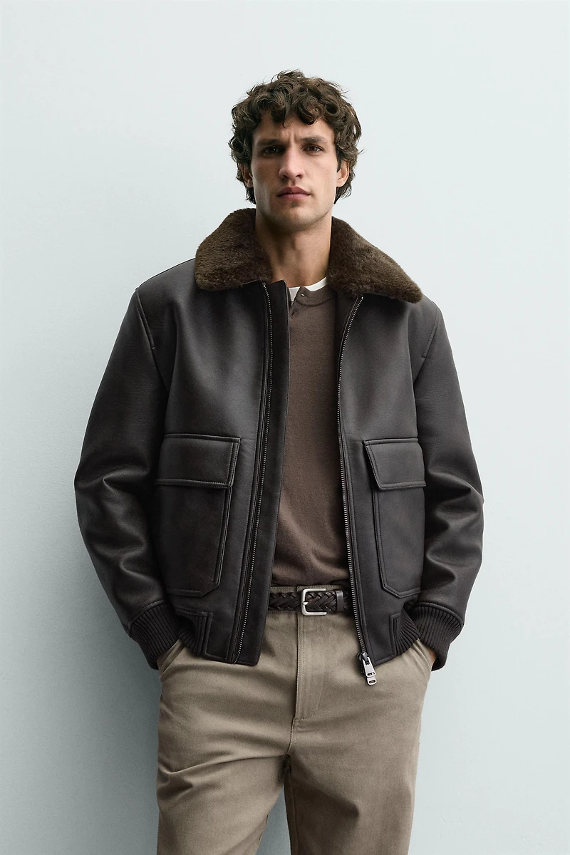 COMBINATION COLLAR FAUX LEATHER JACKET