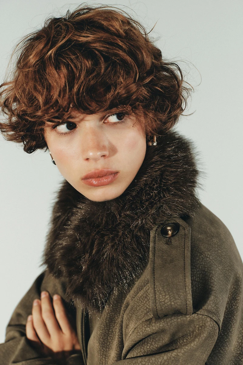 REMOVABLE COLLAR FAUX SUEDE JACKET
