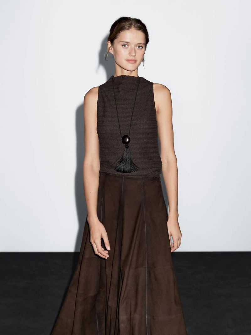 Chocolate linear waffle-knit funnel neck top
