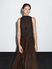 Chocolate linear waffle-knit funnel neck top