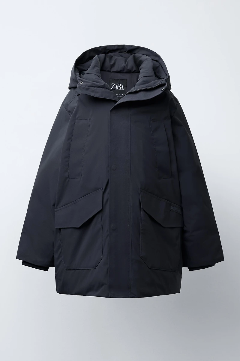 LONG 50% FEATHER AND DOWN WATER REPELLENT PUFFER COAT WITH REMOVABLE FAUX FUR HOODIE