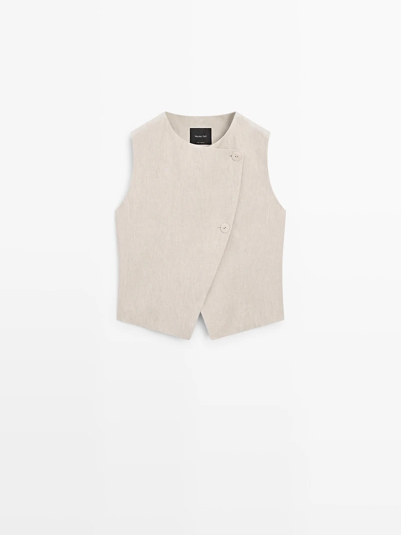 Veste sans manches croisée 100 % lin