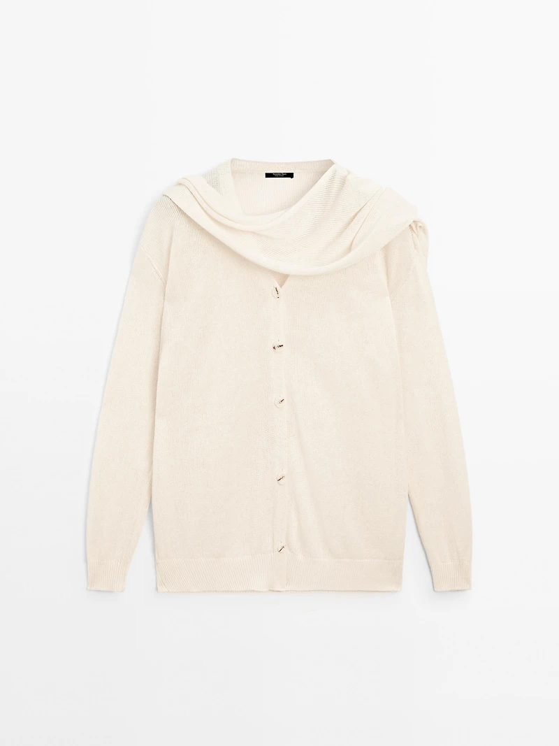 Linen blend knit cardigan with scarf
