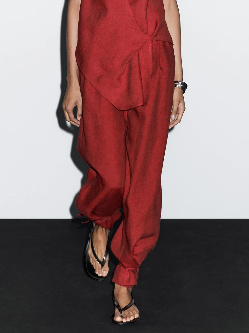 100% linen trousers with bow detail