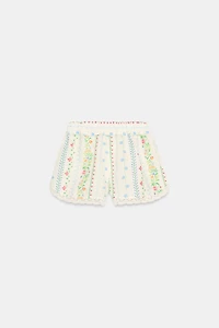 FLORAL PRINT LINEN SHORTS WITH LACE TRIM