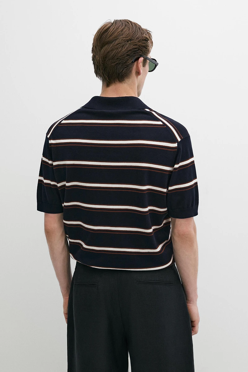 Striped V-neck knit polo shirt