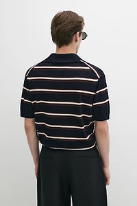 Striped V-neck knit polo shirt