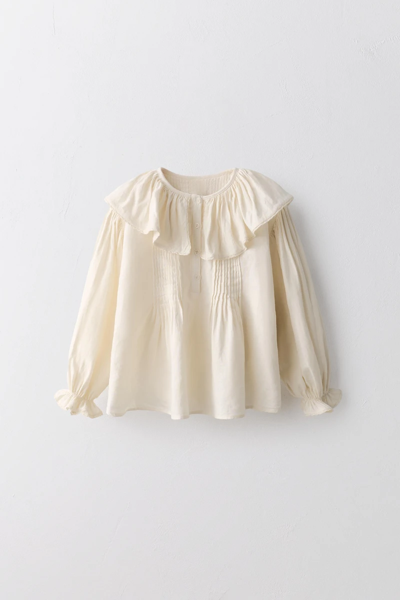 2-5 YEARS/ LIMITED EDITION LINEN COTTON BLOUSE WITH PLEATS AND LACE