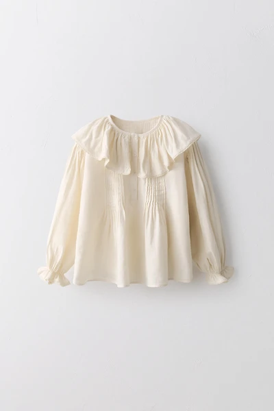 2-5 YEARS/ LIMITED EDITION LINEN COTTON BLOUSE WITH PLEATS AND LACE