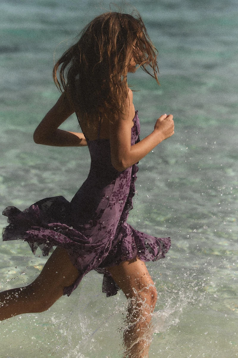 FLOCKED TULLE RUFFLE DRESS