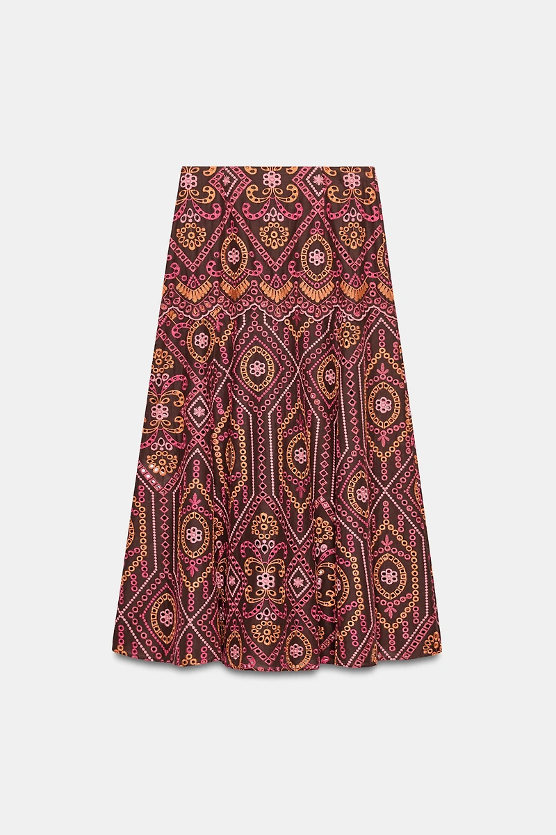 EMBROIDERED EYELET MIDI SKIRT