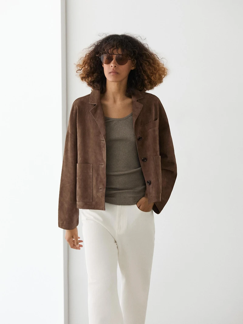 Flowing leather jacket with suede finish