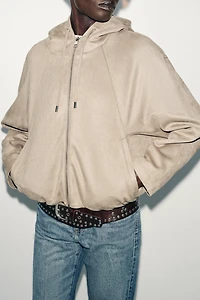 FAUX SUEDE HOODED BOMBER JACKET