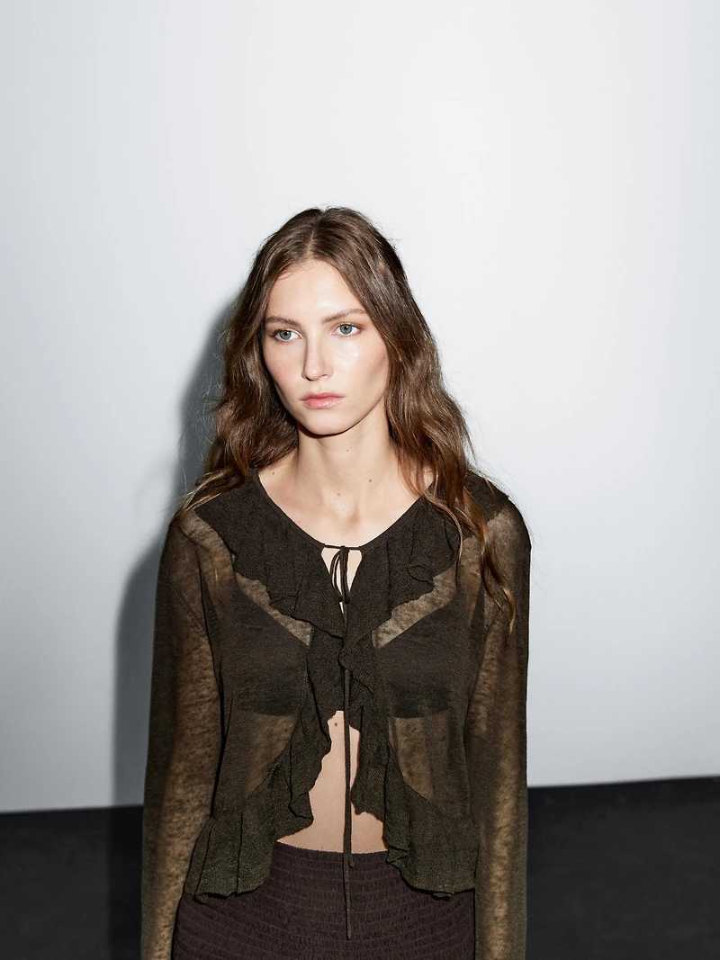 Linen blend ruffled cardigan