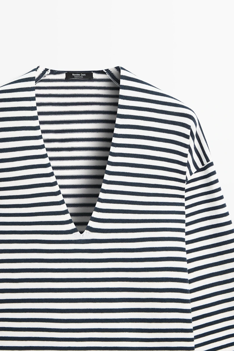 Striped V-neck knit sweater