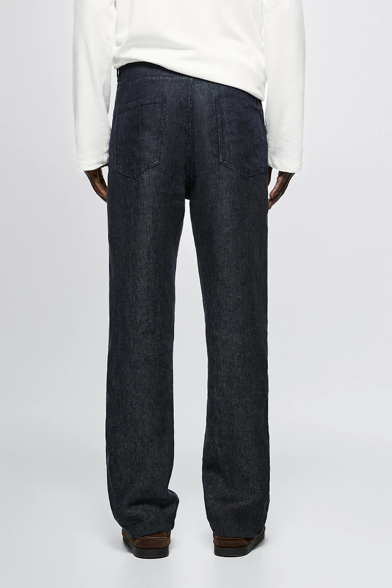 Straight-leg linen denim-effect pants