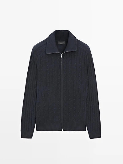 100% wool cable-knit zip-up cardigan