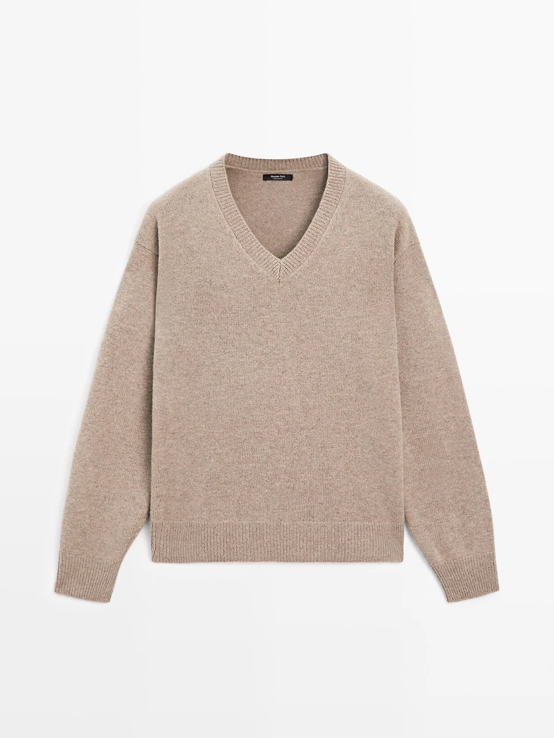 V-neck knit sweater with elbow patches