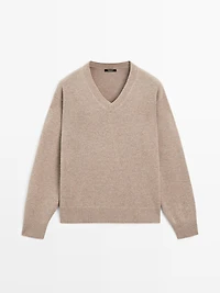 V-neck knit sweater with elbow patches