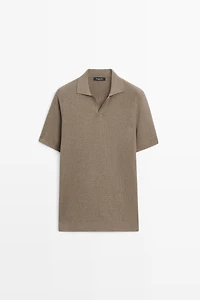 Cotton blend knit V-neck polo shirt