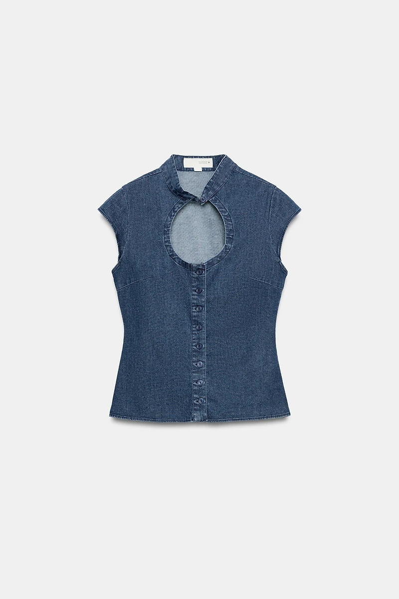FAUX DENIM BUTTON-UP TOP