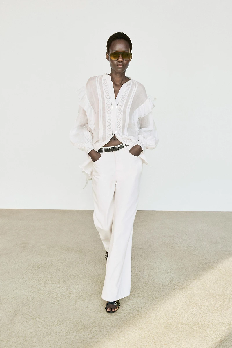Stand collar blouse with embroidery and ruffles