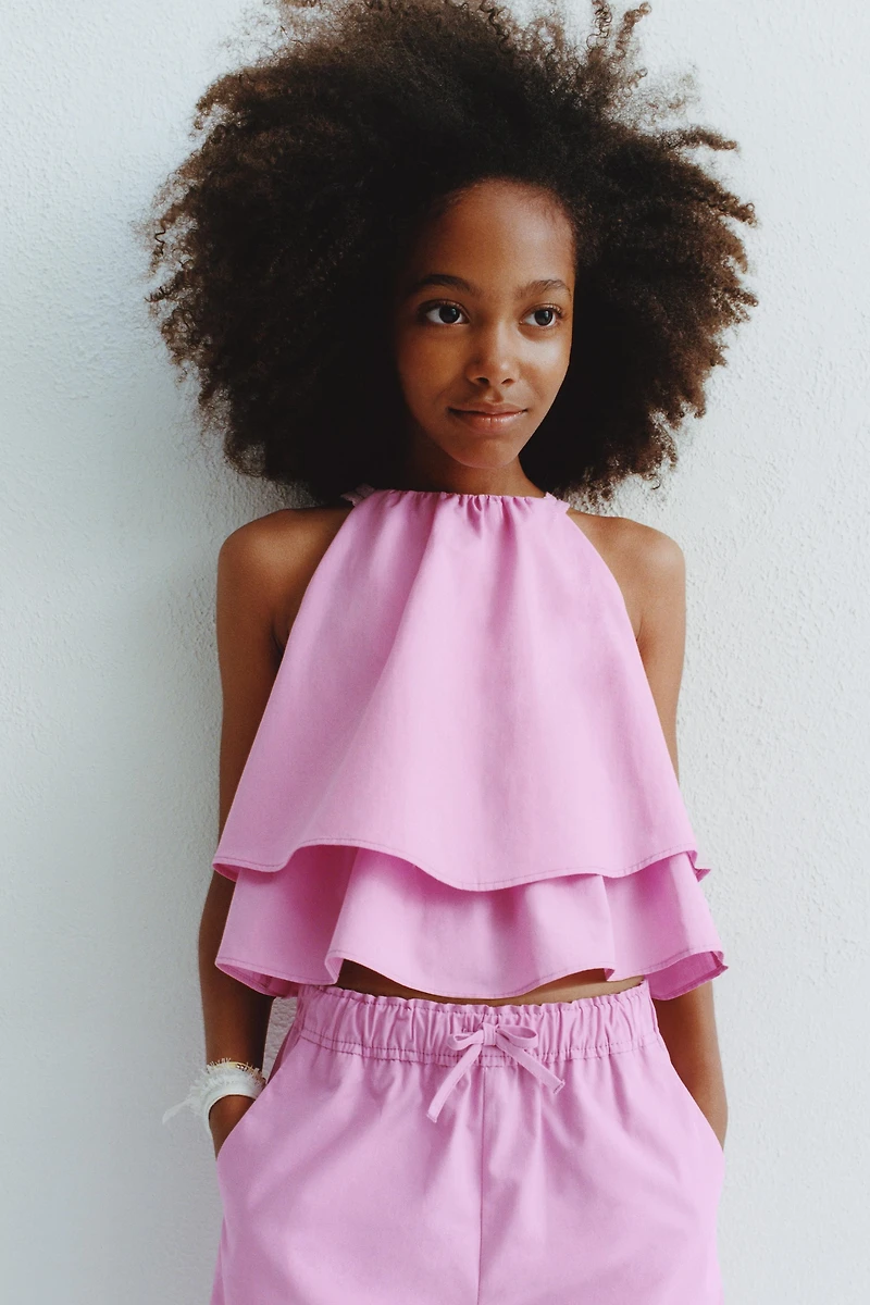 TOP EN POPELINE DOUBLE VOLANT DENTELLE