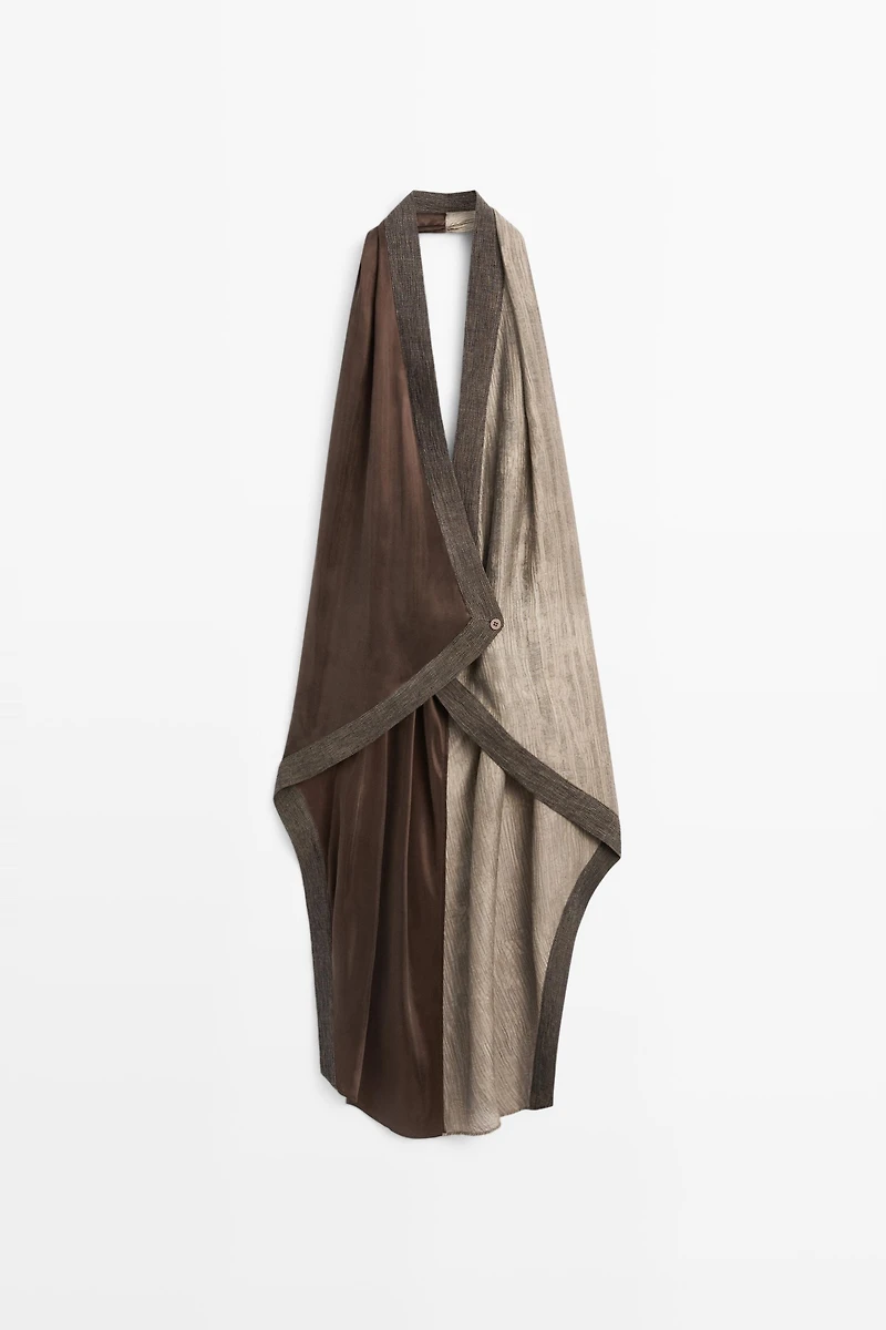 Flowing wrap top with mixed fabric detail