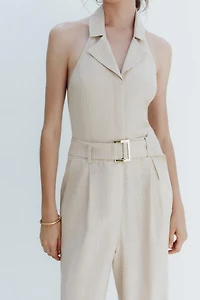 HALTER LINEN BELTED JUMPSUIT