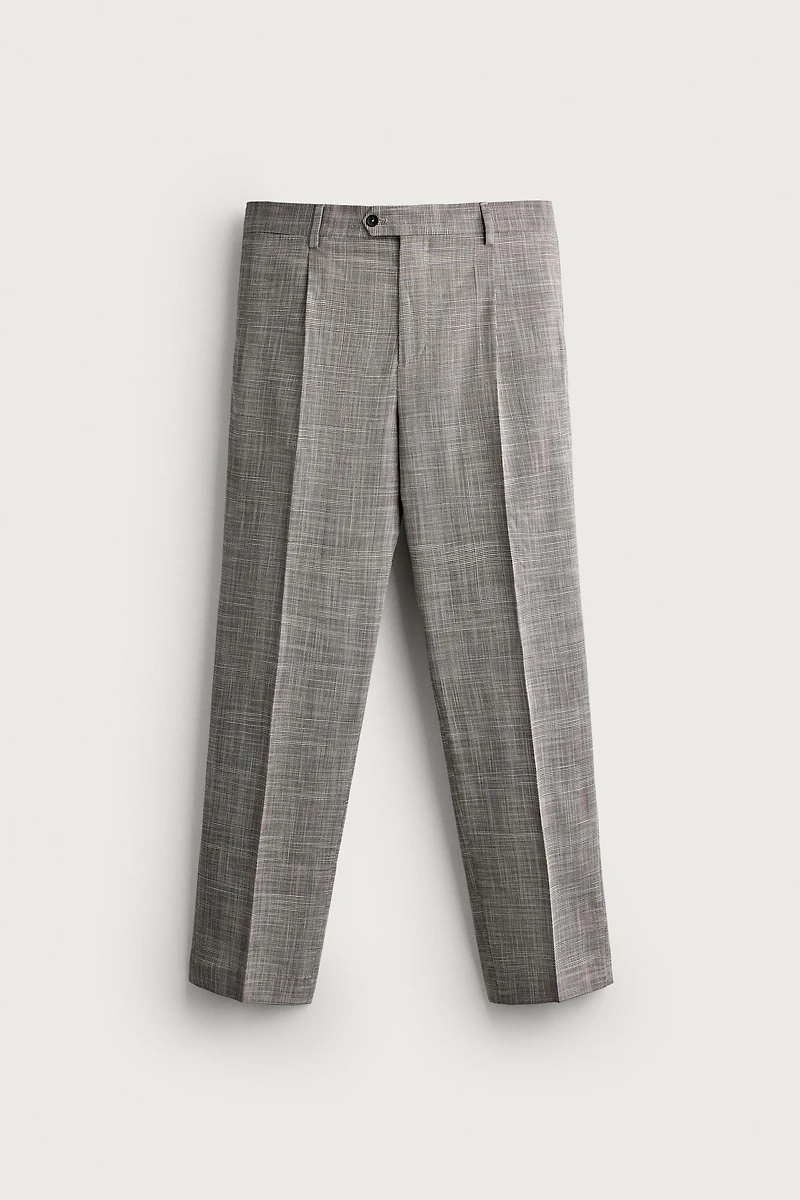 CHECKED WOOL BLEND PLEATED SUIT PANTS