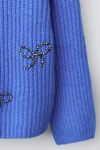 BEADED AND SPARKLY BOW KNIT SWEATER