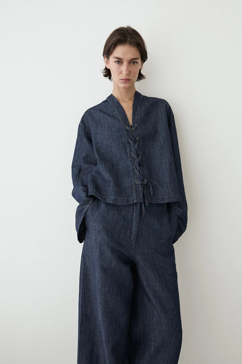 Total look linen blend denim shirt