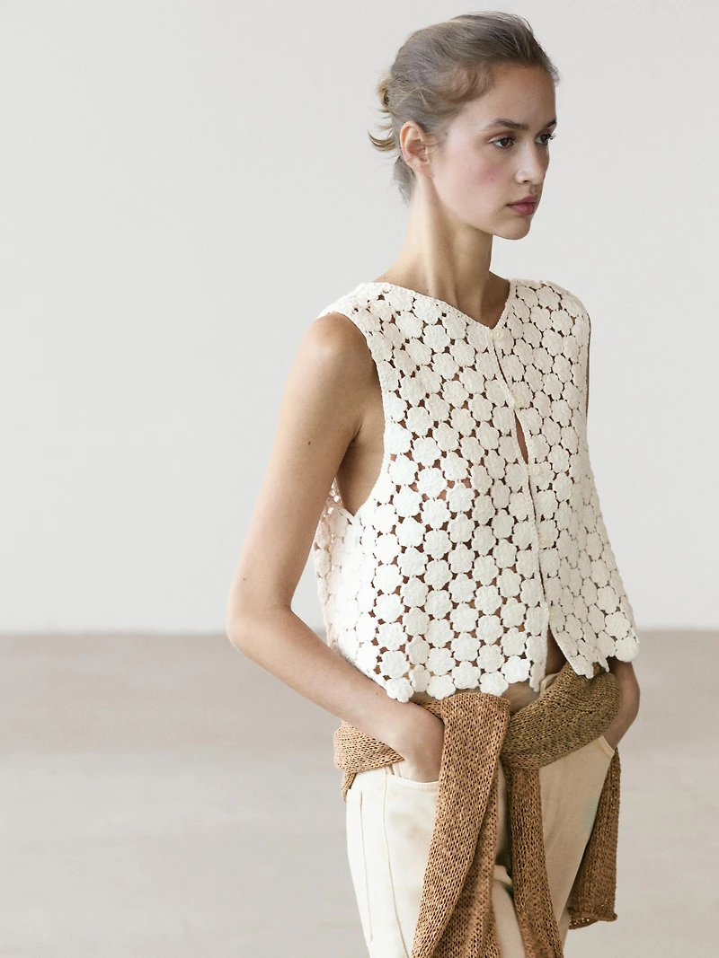 Cotton crochet vest with floral details