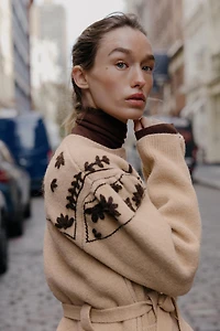 WOOL BLEND JACKET WITH EMBROIDERED FLOWERS AND BELT
