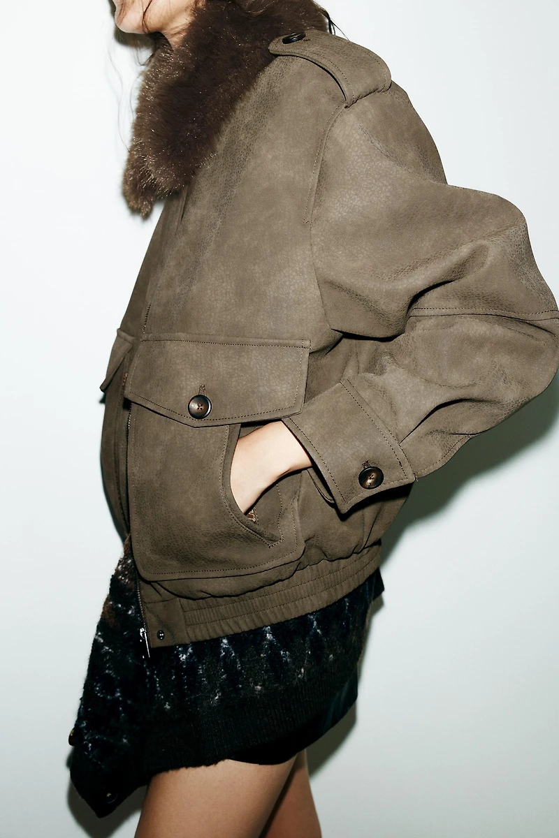 REMOVABLE COLLAR FAUX SUEDE JACKET