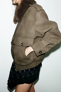 REMOVABLE COLLAR FAUX SUEDE JACKET