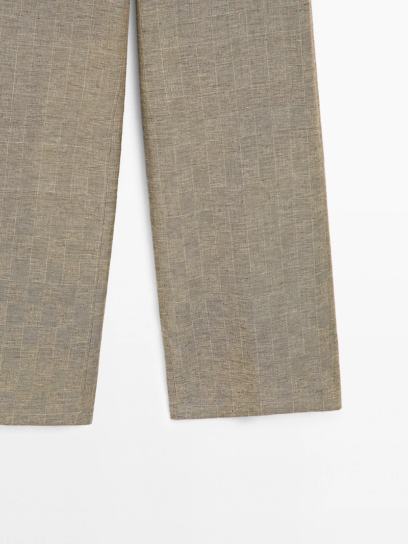 Check cotton blend straight-leg trousers