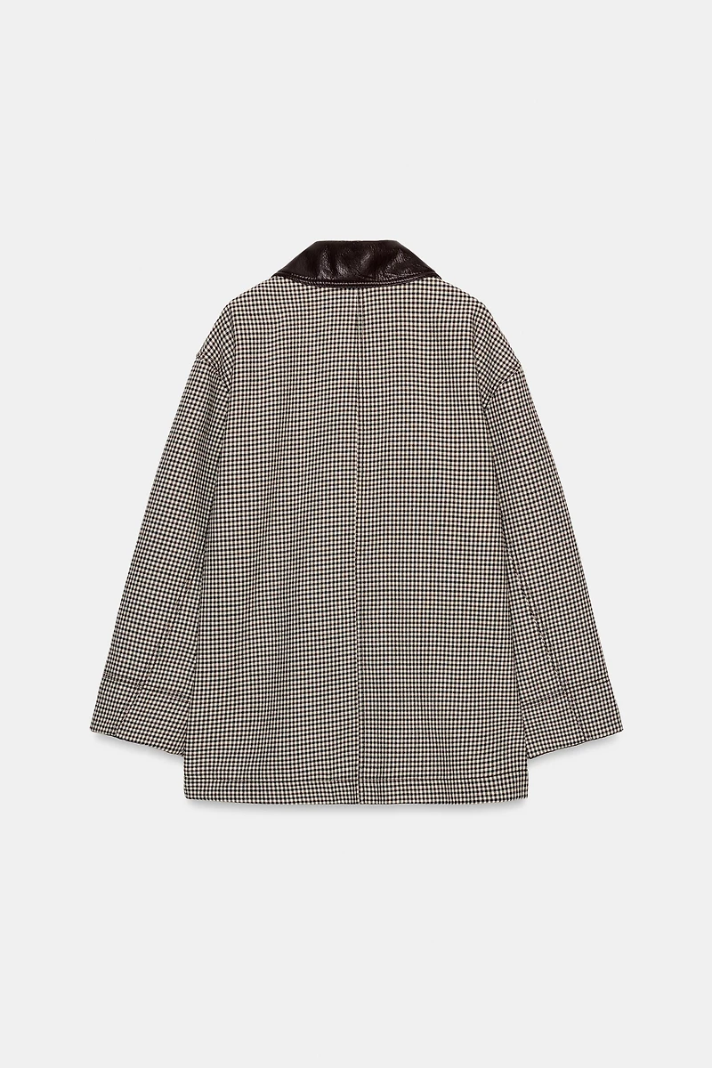 HOUNDSTOOTH FAUX LEATHER TRIM JACKET
