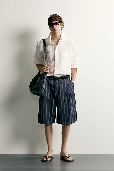 RELAXED FIT PLEATED STRIPED SHORTS
