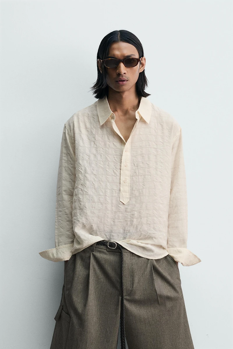 WRINKLE EFFECT PLAID JACQUARD POLO SHIRT