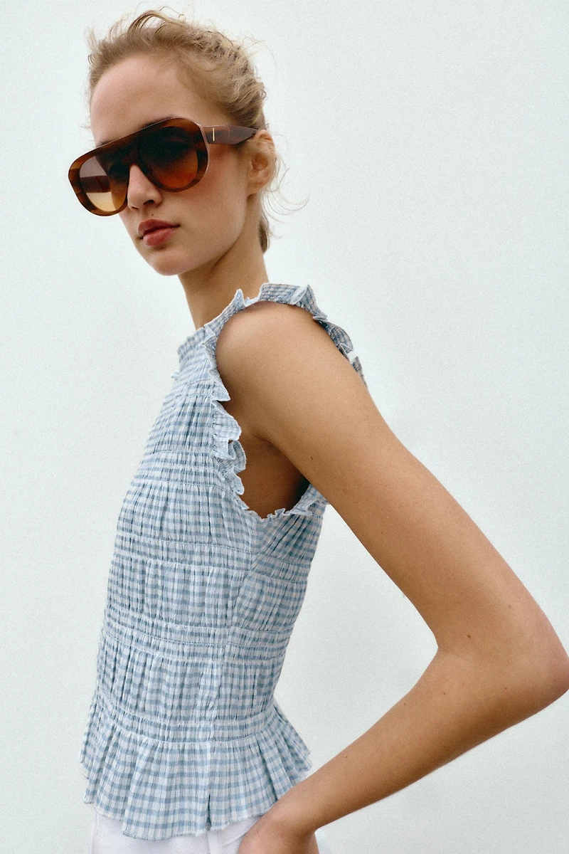 SMOCKED GINGHAM TOP