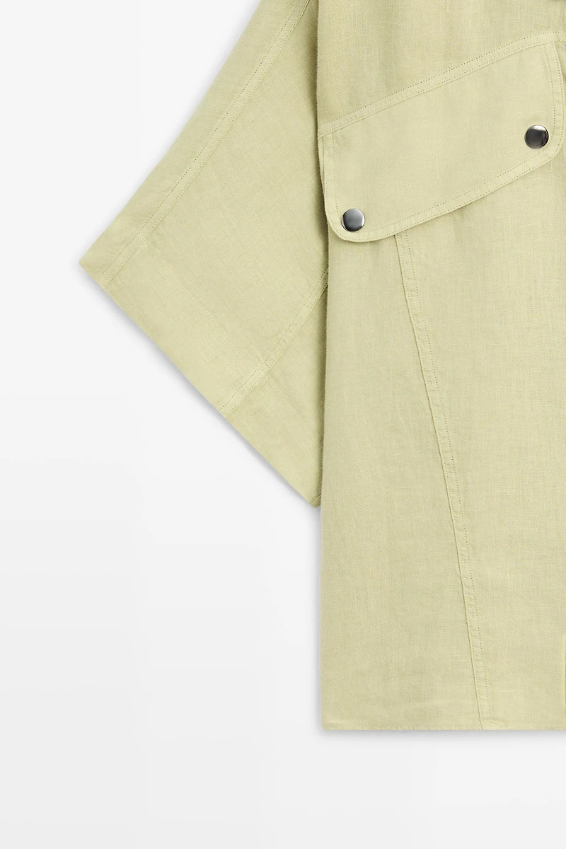 Short sleeve linen snap button shirt
