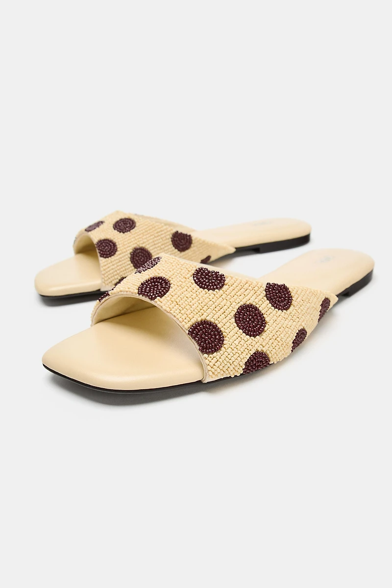 PRINTED BEADED FLAT SANDALS