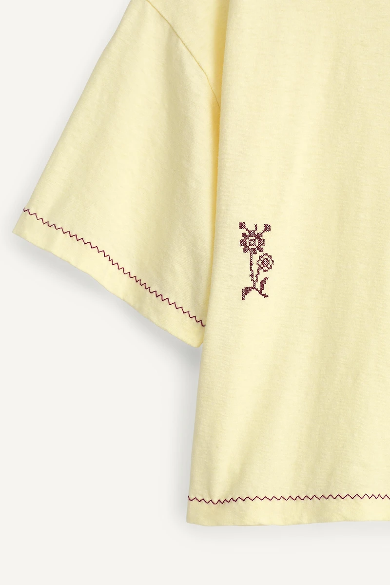 T-SHIRT SURPIQÛRES FLEUR BRODÉE COTON LIN ÉDITION LIMITÉE