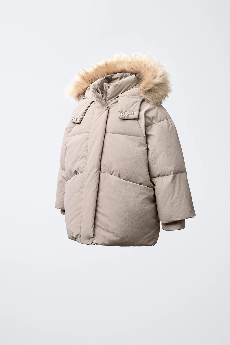 WATER-REPELLENT FEATHER DOWN PUFFER COAT WITH REMOVABLE FAUX FUR HOODIE