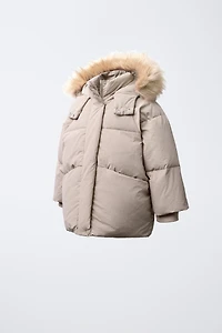 WATER-REPELLENT FEATHER DOWN PUFFER COAT WITH REMOVABLE FAUX FUR HOODIE