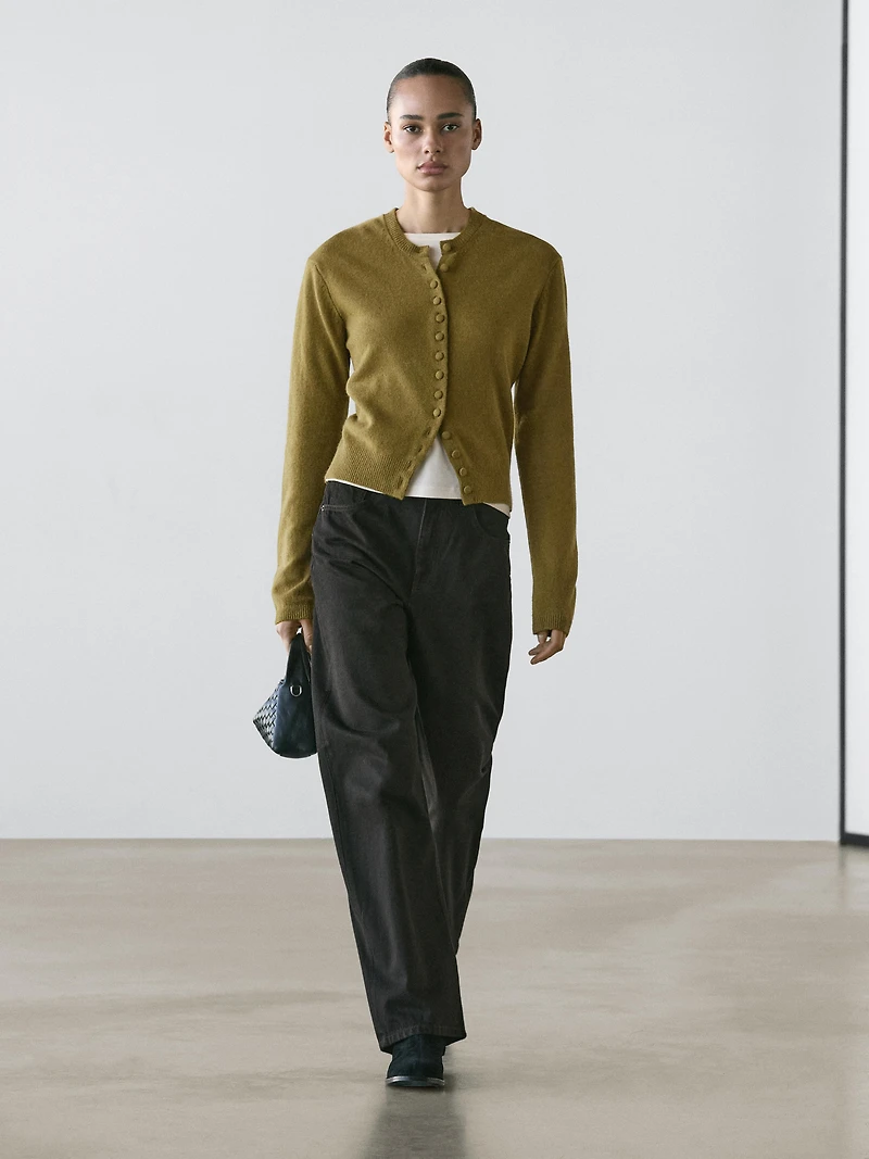 100% wool knit cardigan with covered buttons