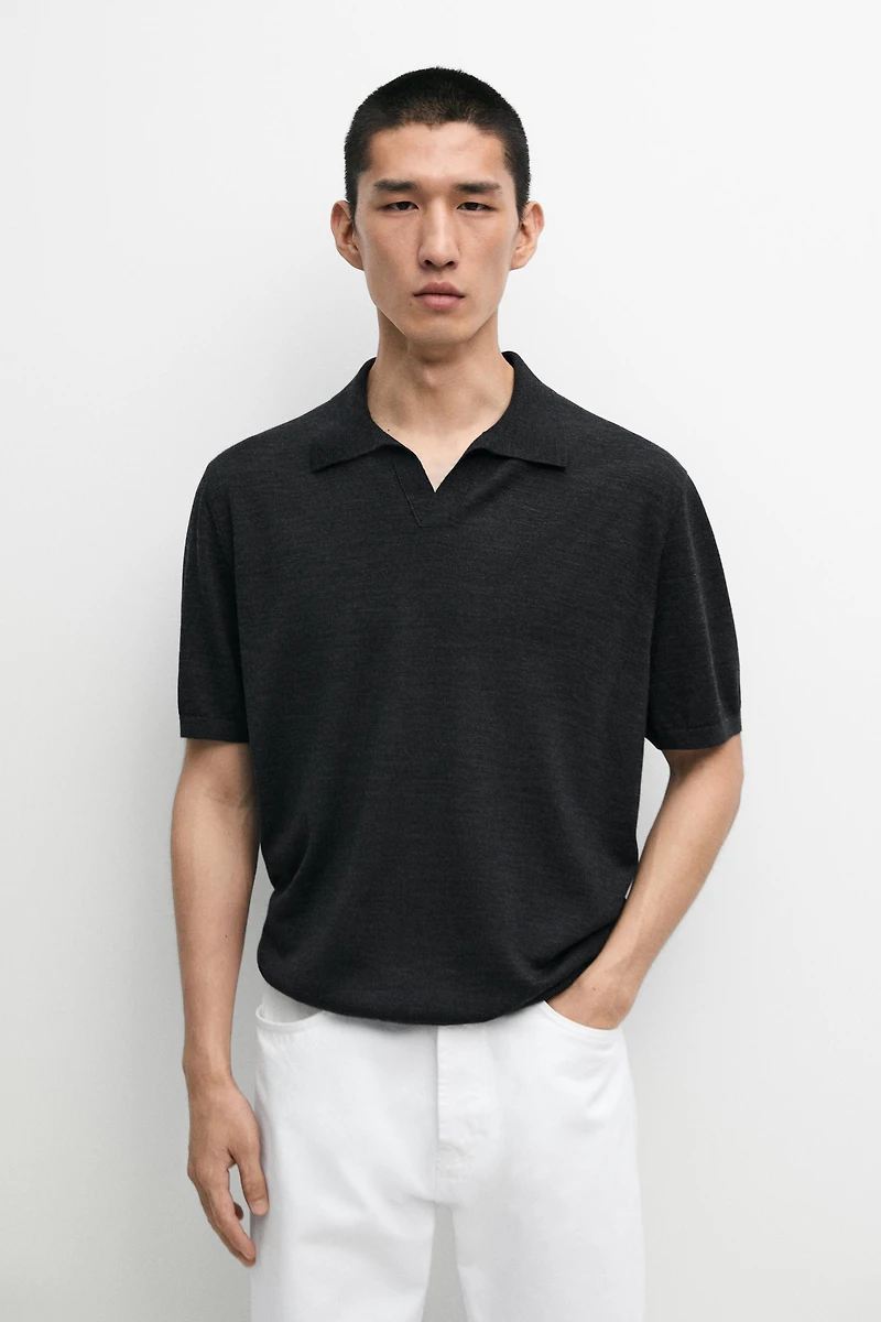 Short sleeve wool blend knit polo shirt