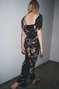 BEADED PRINTED CAPE DRESS
