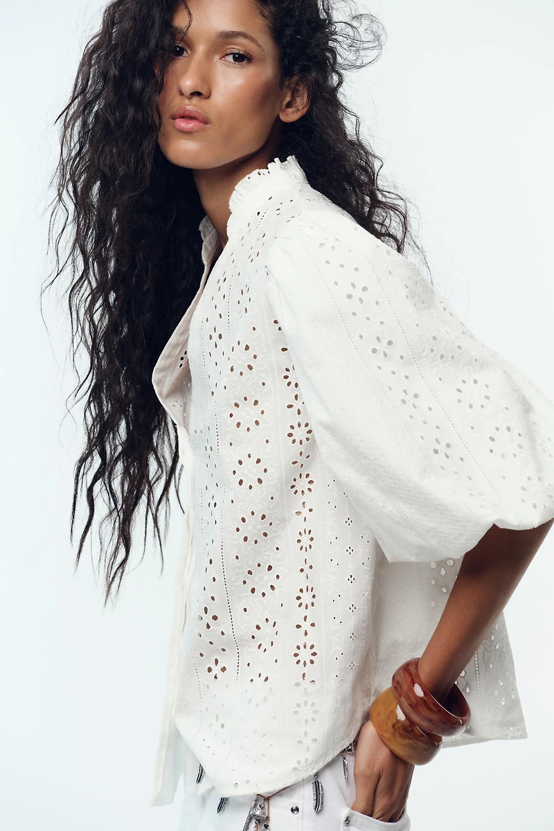 PUFF SLEEVE SHIRT WITH PERFORATED EMBROIDERY